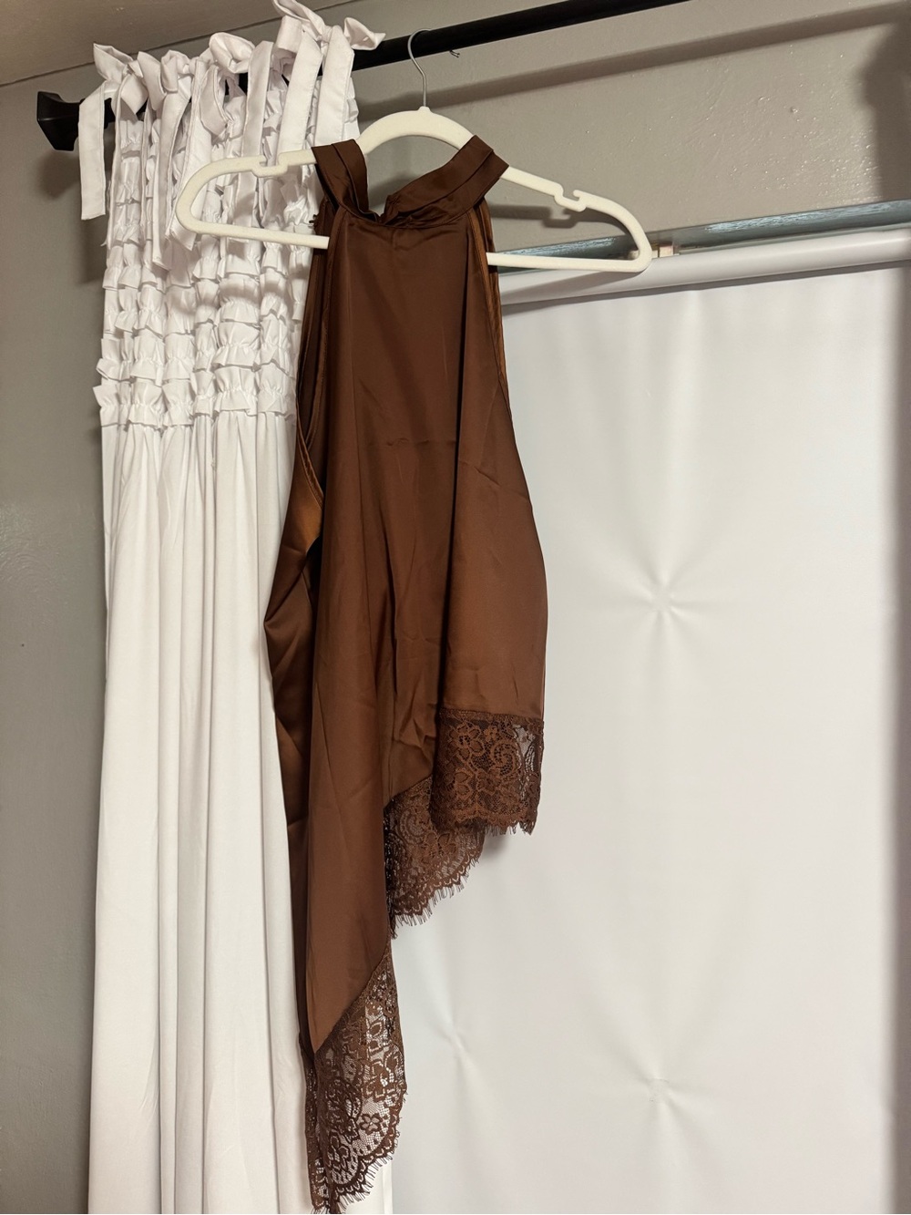 Never Worn Asymmetrical Satin Lace-Trim Halter Chemise - Brown